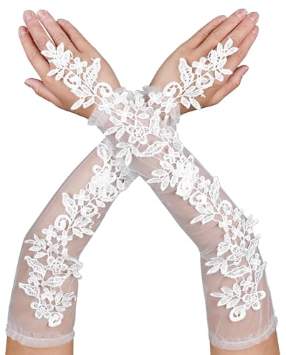 Telooco Blumen Spitzenhandschuhe Weiß Damen Ellenbogenlänge Spitze Lang Fingerlose Handschuhe für Hochzeit Party Halloween Cosplay