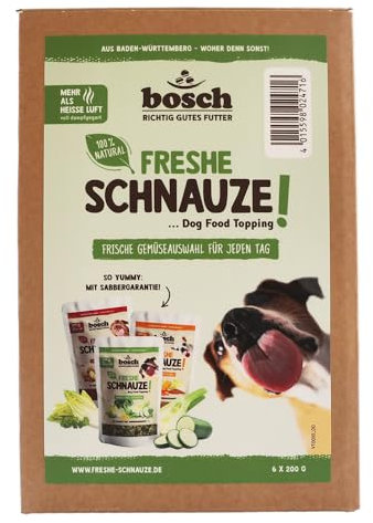Bosch Freshe Schnauze - Gemüsekiste Aktionspaket 6 x 200 g | Mixpaket mit Roten, Grünen und Gelben Toppings für Hundefutter | Für Trockenfutter und Nassfutter geeignet