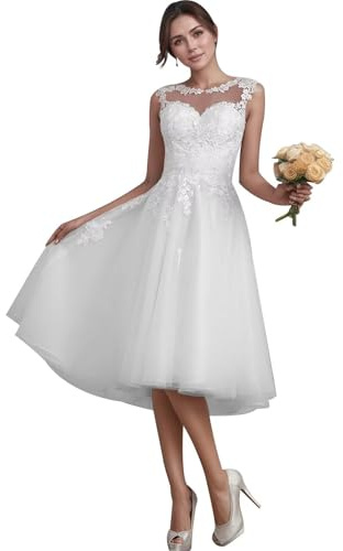 HUINI Brautkleider Tüll Kurz A-Linie Damen Brautmode Vintage Große Größen Brautkleider Mutterschaft Spitzenkleider Ärmellos Weiß 42