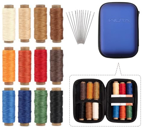 WUTA Ledergarn 0.55mm Gewachster Nähfaden Set - 12 Farben Sattlergarn für Lederhandwerk, Buchbinderei, Schuhreparatur - Inkl. 12 Nadeln & Aufbewahrungstasche
