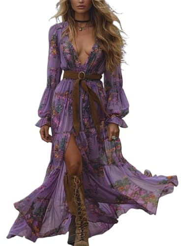 ORANDESIGNE Vestito Lungo Vintage Pastorale da Donna con Fiori Sexy Scollo A V Manica Lunga Western Vestito Autunno Casual Maxi Abito | Vestito a camicia, stile country, casual, primaverile, con fiori, in chiffon, per matrimonio