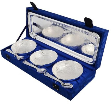 Juego de cuencos de latón chapado en plata con cuchara y bandeja para regalo, aniversario, regalo de devolución, Diwali, Año Nuevo, Navidad