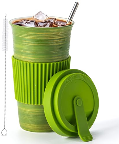 TIANNA VALLEY Reise-Kaffeebecher grün, Keramik-Kaffeebecher mit Deckel und Trinkhalm (15oz/450ml), handgefertigte Neuheit Reisebecher, Mikrowelle & Geschirrspüler Safe Tumbler mit Deckel, Geschenke