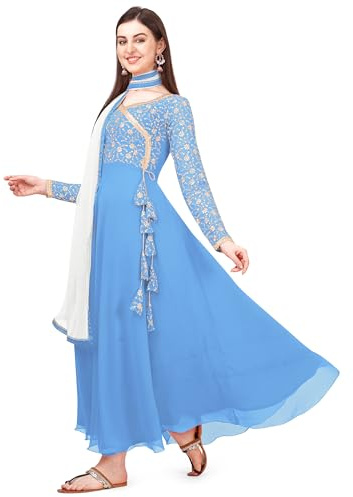 Estationeryhouse Women's Georgette Anarkali Kurta Kurti with Heavy Embroidery with contrast Dupatta (Bottoms not included) (UK, Alpha, S, Regular, Regular, Sky Blue)