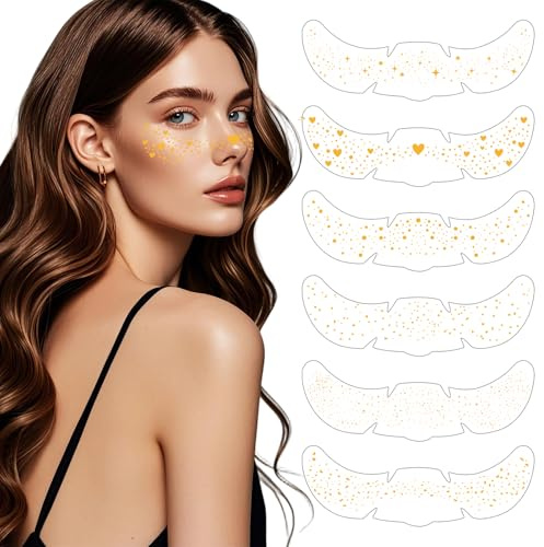 6 Piezas Tatuajes Temporales de Pecas Brillantes, Pegatinas de Tatuaje para la Cara, Estrella Brillante, Forma de Corazón, Tatuaje de Pecas de Henna para Fiestas, Carnaval (Dorado)