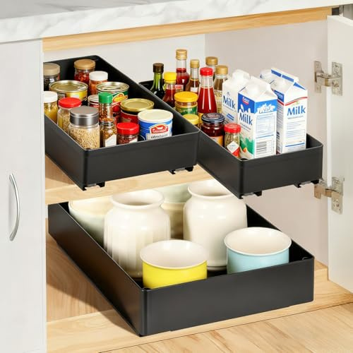 Cozary Cajones Extraíbles para Cocina con Guías Silenciosas – 3 Tamaños Modulares (13/18/27x40x7 cm), Instalación Sin Daños para Armario/Cocina/Dispensa, Negro