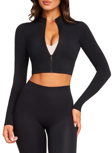 TZLDN Women Gym Top Long Sleeve Sport Jacets Crop Running Tops Zip Up Yoga Workout Tops Activewear Gym Wear Fall Black S