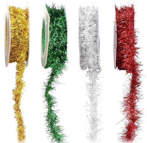 4 Pcs Christmas Tinsel Garland, Christmas Thin Tinsel, 4 Color Mini Glitter Ribbon, Glitter Ribbon for Holiday Present Wrapping Decoration DIY Craft Supplies, Twist Tinsels Garland Decoration