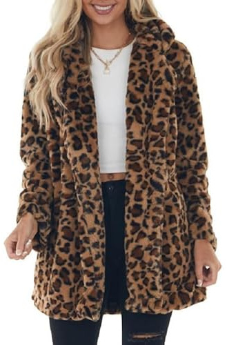 Generisch Teddyjacke Damen Warm Mantel Teddy-Fleece Plüschjacke Leopard Pelzmantel Casuale Zip Hoodie Cardigan Outwear Wollmantel Herbst Wintermantel Übergangsmantel Winter Jacke 3#Braun M