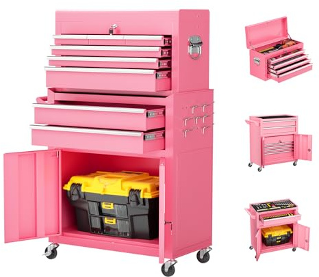 Omelaza 8-Drawer Rolling Tool Chest with Lock, Detachable Tool Cabinet Cart with Wheels, High-Capacity Mechanic Tool Organizer for Garage Workshop Warehouse Storage(Pink)​