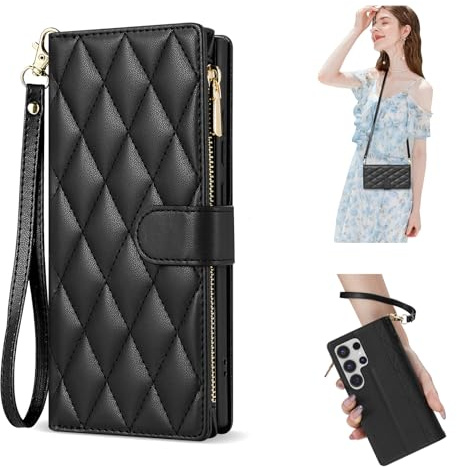 Étui portefeuille pour Samsung Galaxy Z Fold 7, sac à bandoulière housse en cuir avec fermeture éclair, dragonne détachable et bandoulière