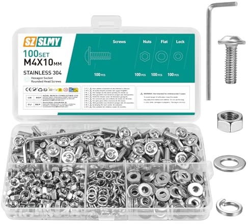 Set di 100 viti M4, viti a testa bombata M4 x 10 mm, in acciaio inox, set di viti a flangia, viti a testa piatta con flangia, filettatura completa