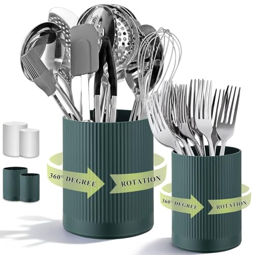 HOMQUEN Porta-Utensili Rotante 360°, Set di 2 - Porta-Utensili di Cucina in Plastica 16+12cm, Grande contenitore per utensili da per contorno, Organizzatore per Spatole, Decorazione di Cucina (verde
