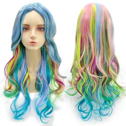 Frauen Lange Gewellte Mehrfarbig Perücke,Lange Bunte Regenbogen Perücke mit Knall,Regenbogen Cosplay Perücke,Bunte Lolita Cosplay Perücke,Karneval Kostüm Perücke für Damen Täglichen Gebrauch Geeignet