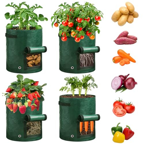 FxlStelrion 4 Piezas Bolsas de Cultivo de Patatas, 10 Galones Bolsas para Plantas, Bolsa de Plantación con Ventana y Asas, Bolsa de Plantación Transpirable para Patatas, Zanahorias, Tomates, Pepinos