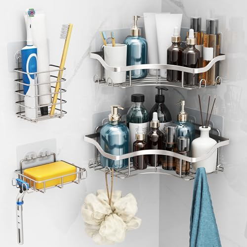 OETAMS Duschablage Ohne Bohren Badezimmer Organizer 4 Stück Rostfreie | Duschregal Ecke Mit Haken Seifenschale, Korrosionsschutz Badregal Duschkorb ohne Bohren Großer Shampoo Halterung, Silber