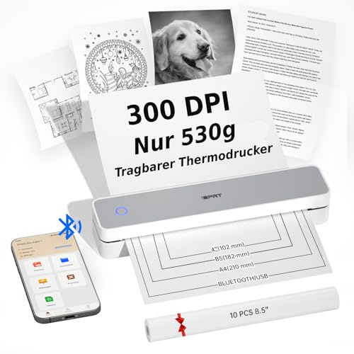 iDPRT Tragbarer Thermodrucker, Drahtloser Bluetooth-Drucker für Reisen | 300DPI Tintenloser mobiler Drucker für Reisen, Büro, Heimbenutzung, Unterstützung A4 Thermopapier kompatibel mit Telefon, PC