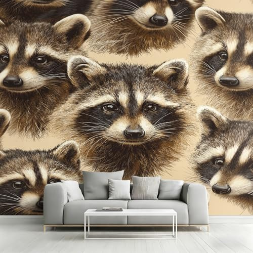 Générique Papier Peint Panoramique Raton Laveur, Papier Peint Raton Laveur Animal Mignon Sauvage 300x210 cm, Fresque Murale Intissé, Décoration Murale Salon Chambre
