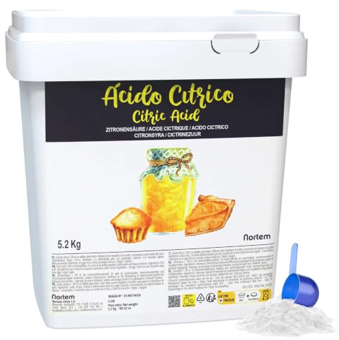 Nortembio Zitronensäure 5,2 kg – Lebensmittelqualität – 100% reines Pulver ohne Gentechnik – Vielseitiges Säuerungsmittel zum Backen, Konservieren & Käseherstellung – Inkl. E-Book