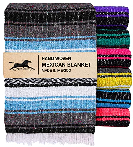 El Paso Designs Mexikanische Yoga-Decke – bunte Falsa-Serape-Überwurf für Yoga, Strand, Picknick, Sattel oder Heimdekoration – weich gewebte Boho-Decke (Hellblau)