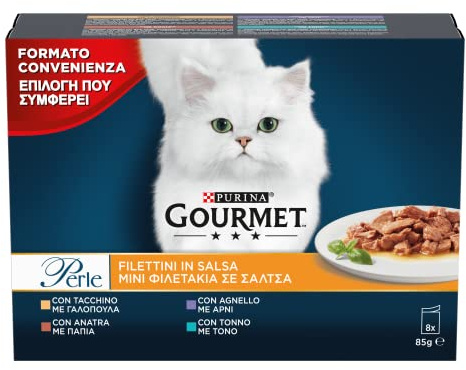 GOURMET Perle Cibo Umido per Gatti Adulti Filettini in Salsa con Tacchino, Tonno, Anatra, Agnello 80 Buste da 85g