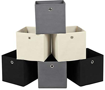 SONGMICS Aufbewahrungsbox, 6er Set, faltbare Stoffbox, Faltbox aus Vliesstoff, Würfel, Aufbewahrungskorb, Organizer für Spielzeug, Kleidung, 2 grau, 2 schwarz, 2 beige RFB06GHM