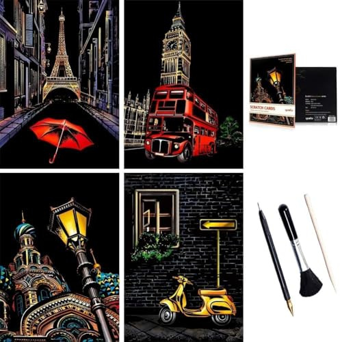 ShipeeKin 4X Kratzbilder für Erwachense Kinder A4 Scratch Art | 290x210 MM Stadt Wandbild, Beschichtete Bunte Kratzpapier mit Werkzeug Set (Strassenecke)