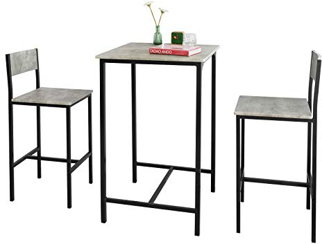 SoBuy Bartisch Esstisch mit 2 Stühlen, Essgruppe, Küchentisch Set, Stehtisch klein, platzsparend, modern, aus MDF & Metall, Grau, 60x97x60 cm, bis 50 kg/120 kg belastbar, OGT27-HG