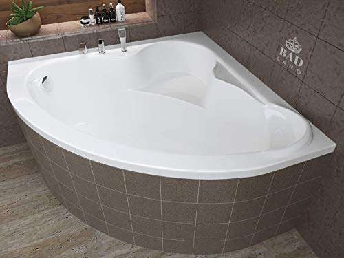BADLAND Badewanne Original Weiß Acryl Wanne Eckbadewanne STANDARD 120x120 KOMPLETTSET SET + Füßen und Exklusive Chrom Automatik Ablaufgarnitur Made in EU 3in1