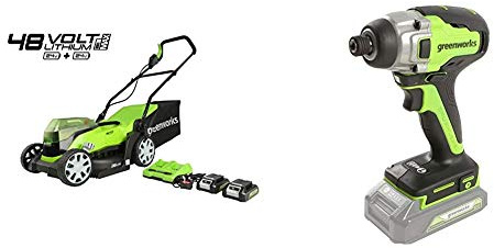 Greenworks Tondeuse à batterie G24X2LM36K2x sac collecteur Réglage central de la hauteur de coupe incl. 2x 2Ah batterie et chargeur + Tournevis sans fil et perceuse GD24ID