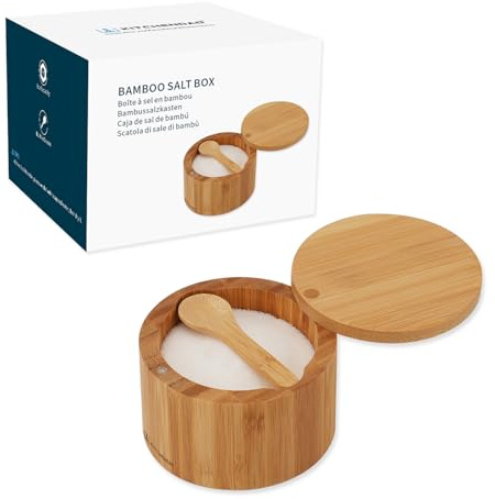 KITCHENDAO Bamboo Salt Box with Built-in Spoon to Prevent Dust, Elegant Seasoning Box, Kitchen Salt Pepper Spice Cellars Storage Container with Swivel Magnetic Lid - 6oz