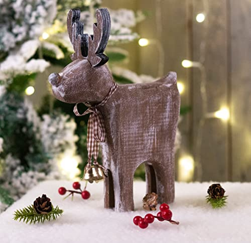 St Helens Home & Garden Wooden Reindeer Decoration - With Brown Check Collar and Bells - distressed finish gives it a rustic yet on trend look