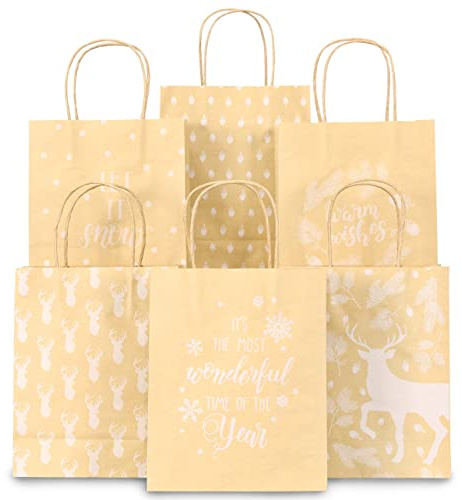 Papierdrachen Geschenktüten Weihnachten groß - 6 Stück - beige mit weißer Schrift - 22×18×8 cm - inkl. 6 Karten - Henkeltüten Geschenkverpackung