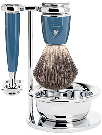 MÜHLE Rytmo Shaving Set - 3-piece, safety razor, badger hair shaving brush and stand with bowl - handles made of premium resin in petrol