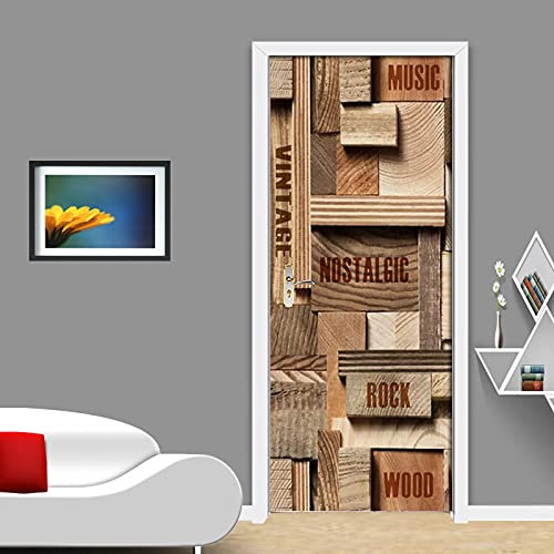 FHKGIUJAD 3D Drucken | Tür Bekleben Mit Türtapete Selbstklebend Braun Holz Buchstaben | Tür Verschönern Mit Türfolie | Türaufkleber Xxl Türbilder | Türposter Türklebefolie 88X200Cm