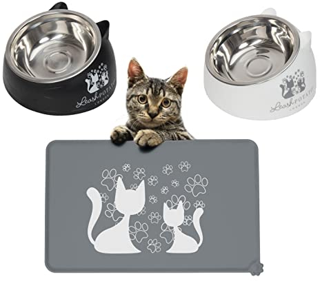 Elevated Cat Food and Water Bowls – Raised Stainless Steel Dishes with Non-Slip Silicone Mat – Easy to Clean, Anti-Vomit Design – Whisker-Friendly for Cats and Kittens