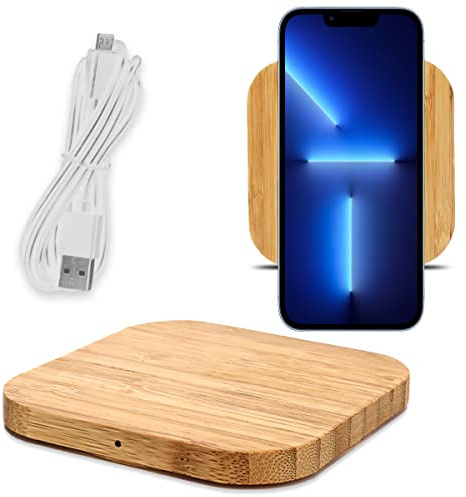 QI Induktive Ladestation 15W aus Bambus kompatibel für Apple iPhone 17 16 16e Plus Pro Max Air Induktionsladegerät aus Echtholz Wireless Charger Kabelloses Universal Schnellladegerät, Modell:Quadrat