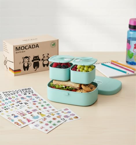 MOCADA® Bento Box per bambini con set di adesivi da 216 pezzi, senza BPA, a prova di perdite, con posate e scomparti, contenitore per il pranzo sostenibile privo di sostanze nocive per l'asilo, la