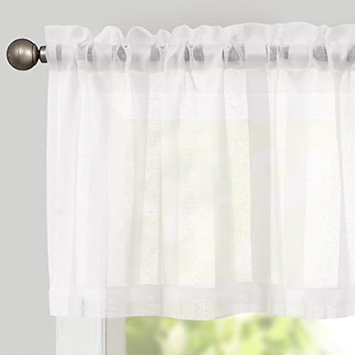 TOPICK Sheer Scheibengardinen Weiß 1 Stück H 35 x B 130 (cm) mit Tunnelzug Transparent Bistrogadine Landhaus Streifen Voile Küchenvorhang Gestreift Küchengardinen Paarig für Badezimmer Klein Fenster