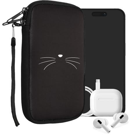 kwmobile Handytasche für Smartphones L - 6,5 - Neopren Handy Tasche Hülle Cover Case Schutzhülle - Katze MIAU Weiß Schwarz - 16,5 x 8,9 cm Innenmaße