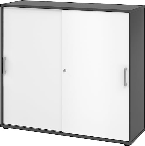 bümö Schiebetürenschrank 3OH - Aktenschrank abschließbar, Sideboard Schrank mit Schiebetüren in Graphit/Weiß, Chromgriff - Büroschrank aus Holz mit Schiebetür, Büro Kommode für Ordner & Co.