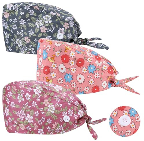 3 Pièces Casquettes de Travail Réglable Bandana avec Bouton Chapeau de Peintre Coton Imprimé Unisexe Casquette Cache Poussière（Style Fleuri）