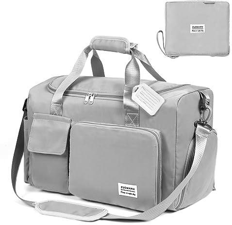 Flintronic Foldable Gym Duffel Bag - Lightweight Travel Overnight Weekend Holdall with Wet/Dry Separation - Grey