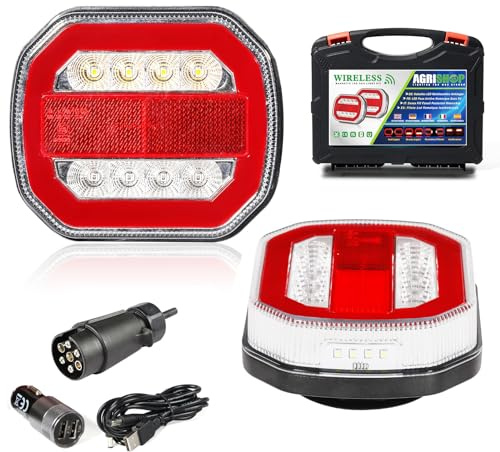 AGRISHOP Kabellos LED Anhänger Rückleuchten 12V/24V,5Funktionen Rückleuchten Set Rücklicht mit Magneten,Wireless Anhänger Beleuchtung Led Anhänger Lichter Wasserdicht mit E-MARK für Wohnwagen KFZ PKW