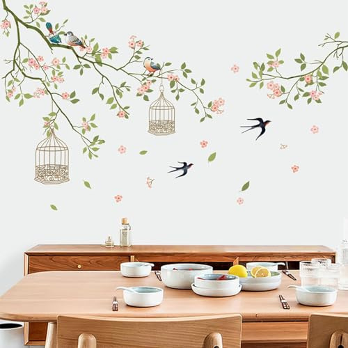 Arawat 2 Set Wandaufkleber Blume Vogel Baum Dekorative Abziehbare Wandtattoo Florale Wandaufkleber für Wohnzimmer Schlafzimmer Badezimmer Boho