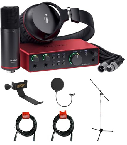 Focusrite Scarlett 2i2 USB-C Audio Interface (4th Generation) with Tripod Mic Stand + Boom, Headphone Holder, Pop Filter & 2x XLR Cable Bundle
