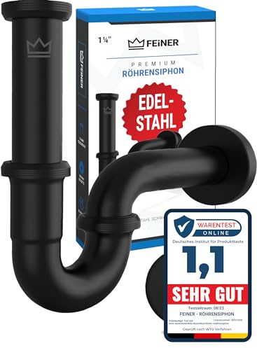 FEINER® Premium Universal Siphon für Waschbecken EDELSTAHL vormontiert – nur noch zusammenschrauben, Waschbecken Ablaufgarnitur 1 1/4“ Chrom, verstellbar 2–12 cm, Gratis-Dichtungen [ Mattschwarz ]