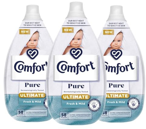 Comfort Pure Fabric Conditioner Ultimate Care Fresh and Mid with Lasting Fragrance Intense Liquid Fabric Softener Suitable for Sensitive Skin 58 Washes, 870ml Pack of 3