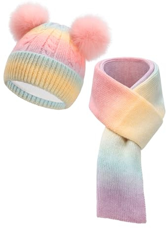SERENYOU Winter Mütze Schal Set für Kinder Jungen Mädchen Doppel Pom Pom Mütze mit gestricktem Schal 2 in 1 Warmes Set Alter 3-10