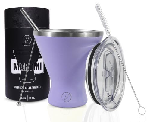 vaanshie Stainless Steel Martini Glass [Pack of 1] – 10oz, Lilac, Powder Coated, No Sweat, Double Wall Margarita Cup with Lid | Ideal for Mother's Day Gift